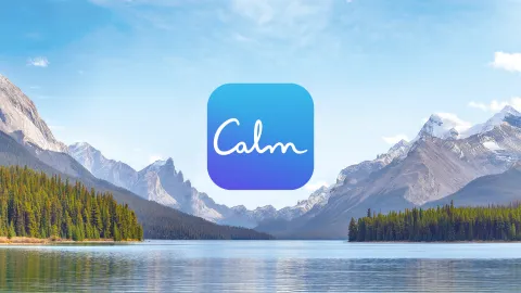 Lake and mountains with Calm logo in center