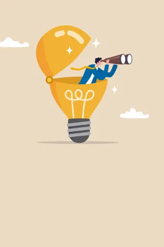 Lightbulb with man looking into binoculars to evoke looking at the future