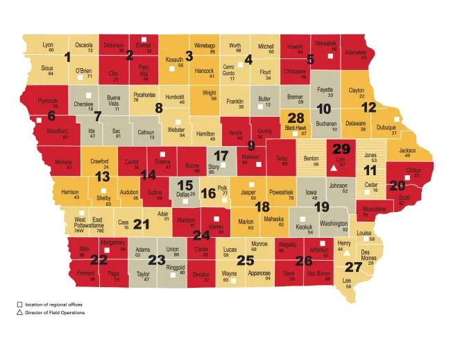 Map of Iowa with counties and regions indicated.