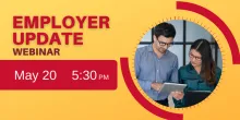 Two people viewing an ipad. Text that says Employer Update webinar, May 20, 5:30 p.m.